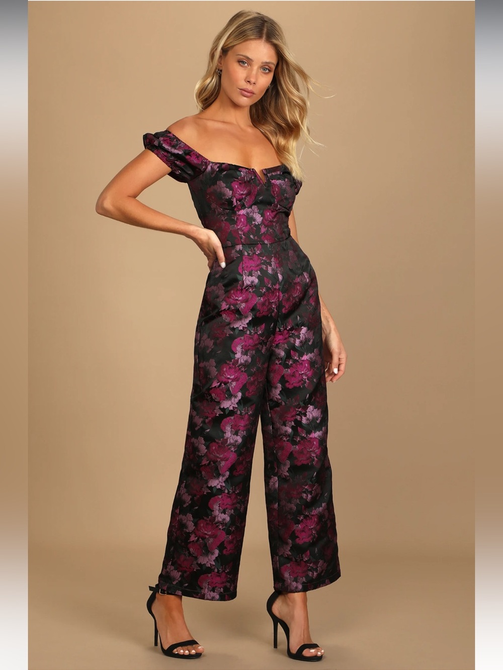 NWT Lulus New Glam Black Floral Jacquard Bustier Off-the-Shoulder Jumpsuit